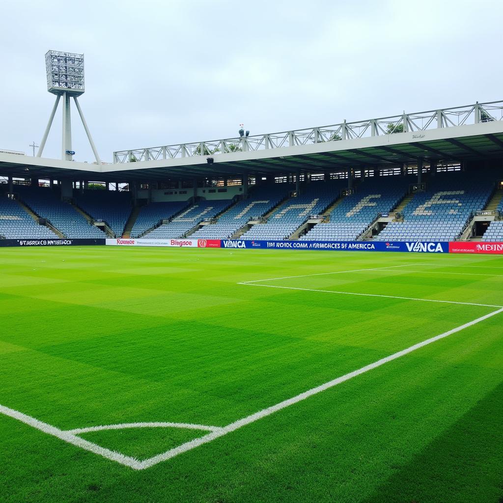 A soccer field with prominent Voice of America branding on the sidelines