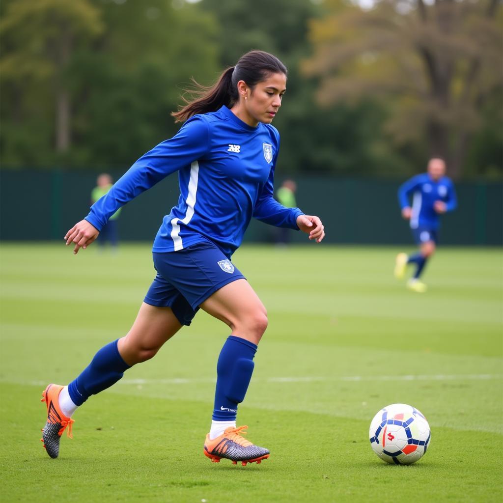 A soccer player expertly dribbling the ball down the field