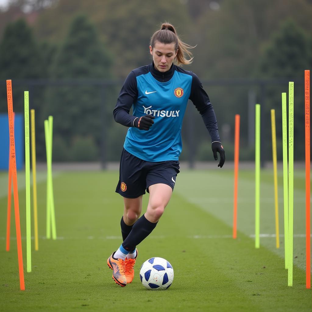 Soccer Player Navigates Angle Blocks During Training