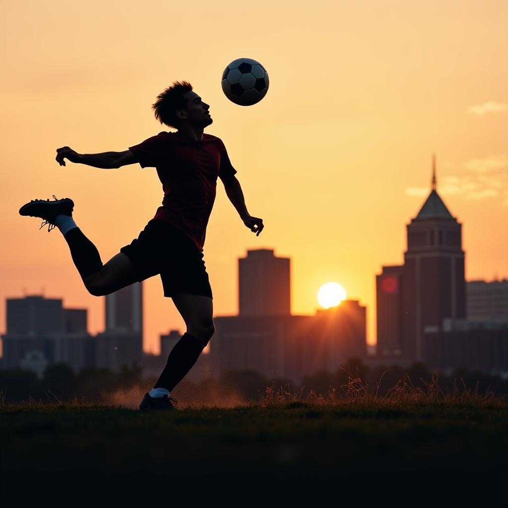 Soccer player heading the ball against the backdrop of the Boston skyline