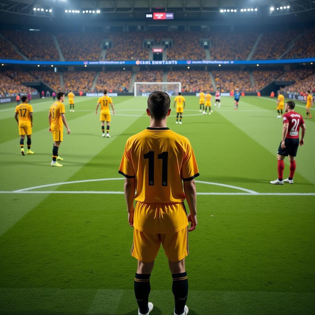 Soccer player scanning the field during a match