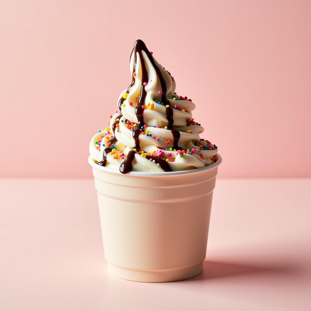 A cup of soft serve ice cream topped with various treats