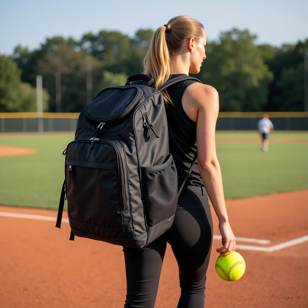 A softball player carrying a backpack bag.