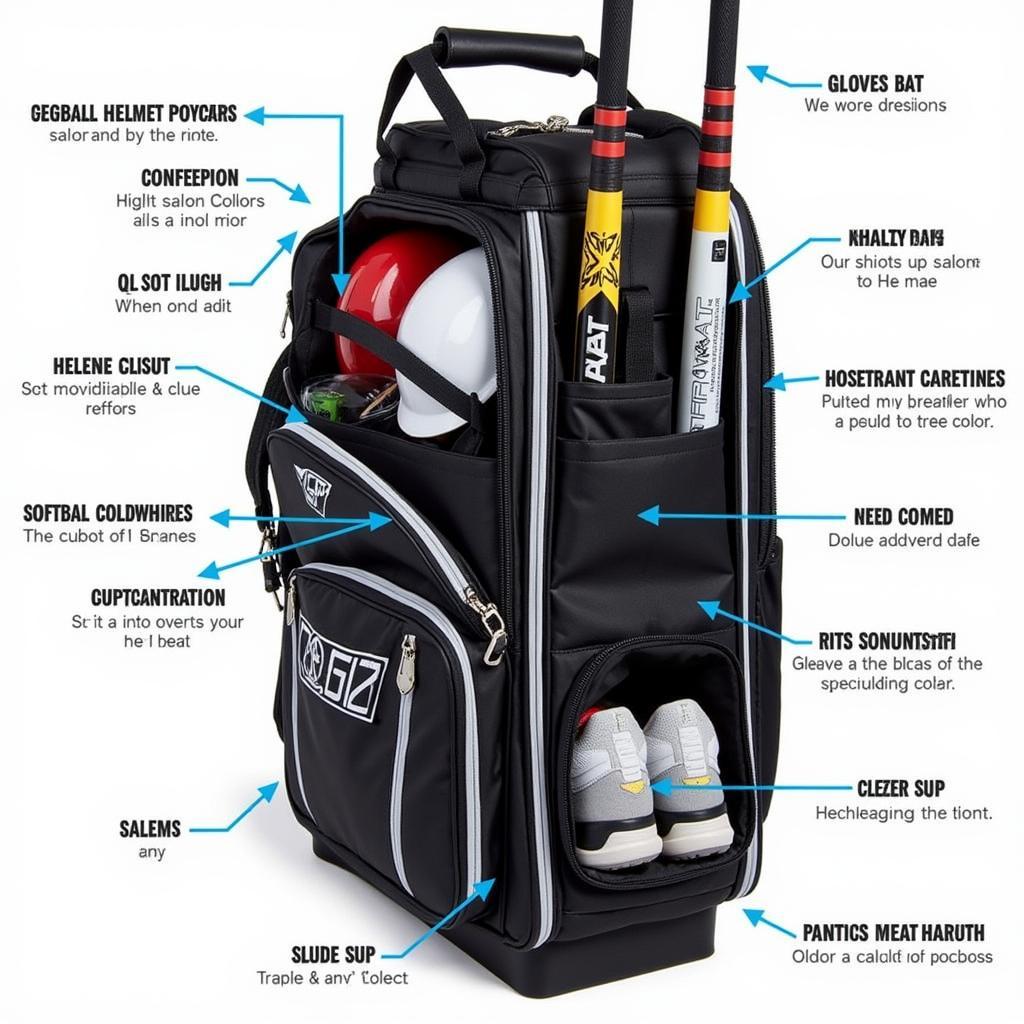 Softball bat bag with labeled compartments