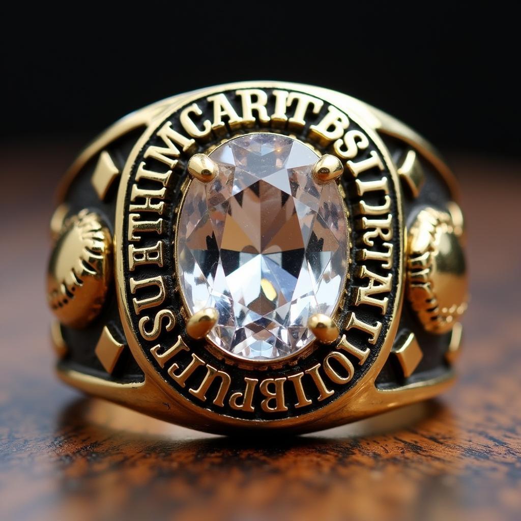 Close-up of an intricately designed softball championship ring.