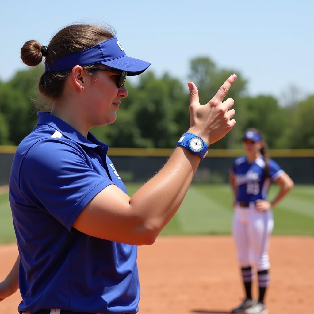 Softball coach giving signals to players