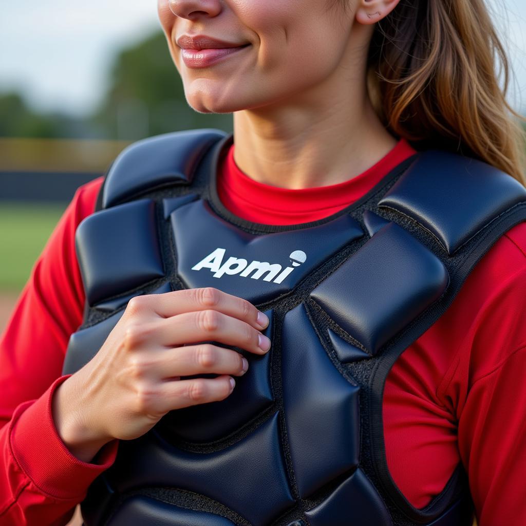 Softball pitcher adjusting chest protector straps