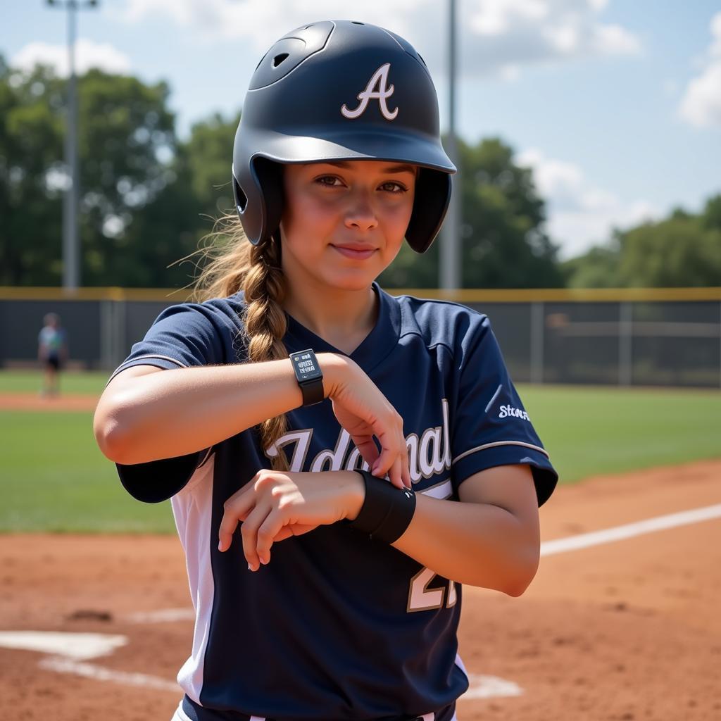 Close-up of a softball player consulting her wristband while at bat