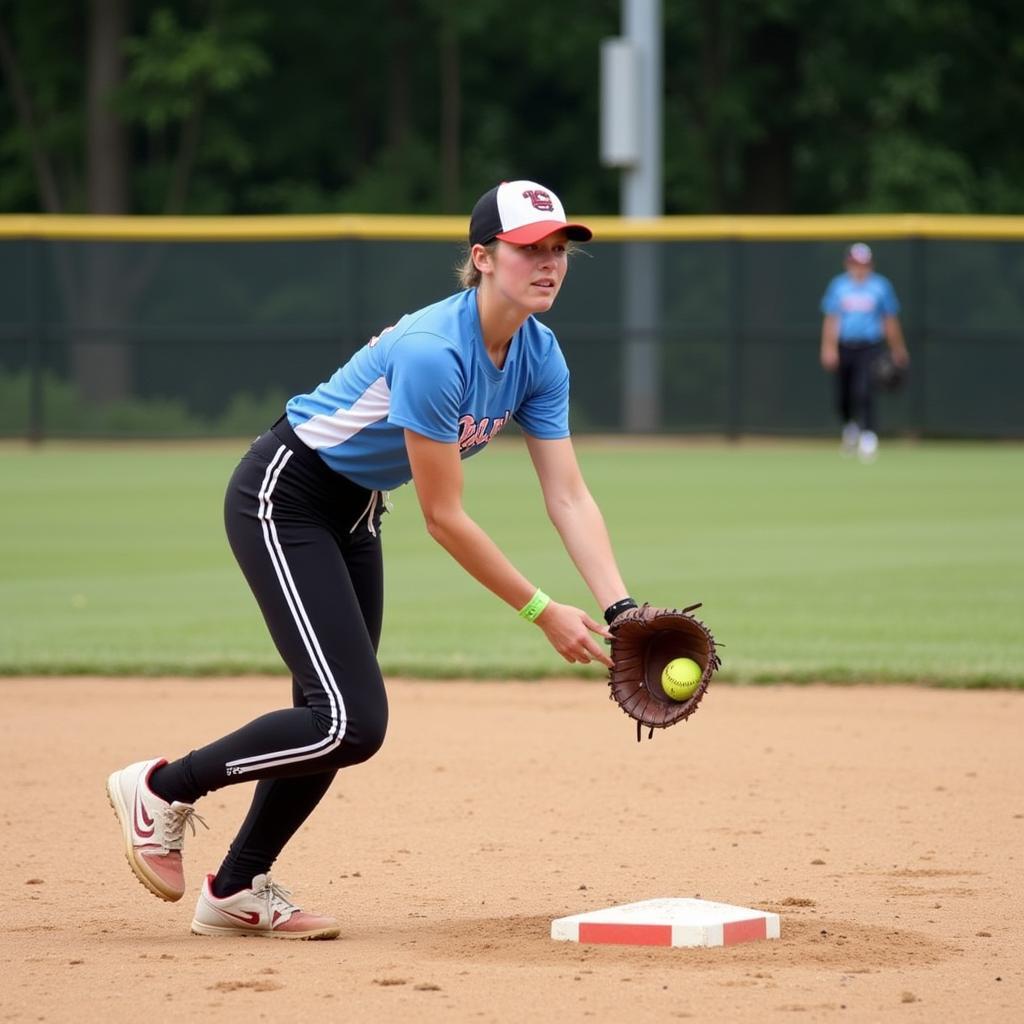 A softball player making a catch at first base