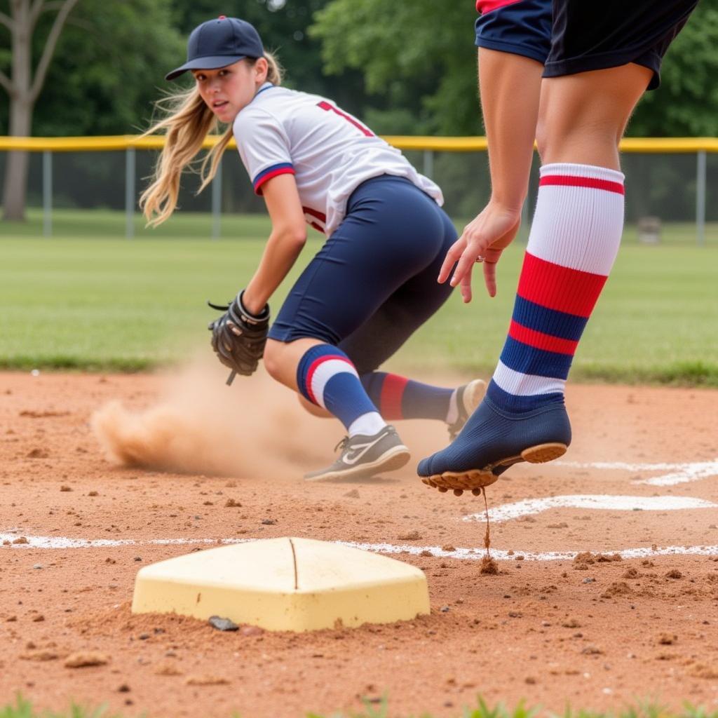 Softball player sliding into home plate wearing red, white, and blue socks