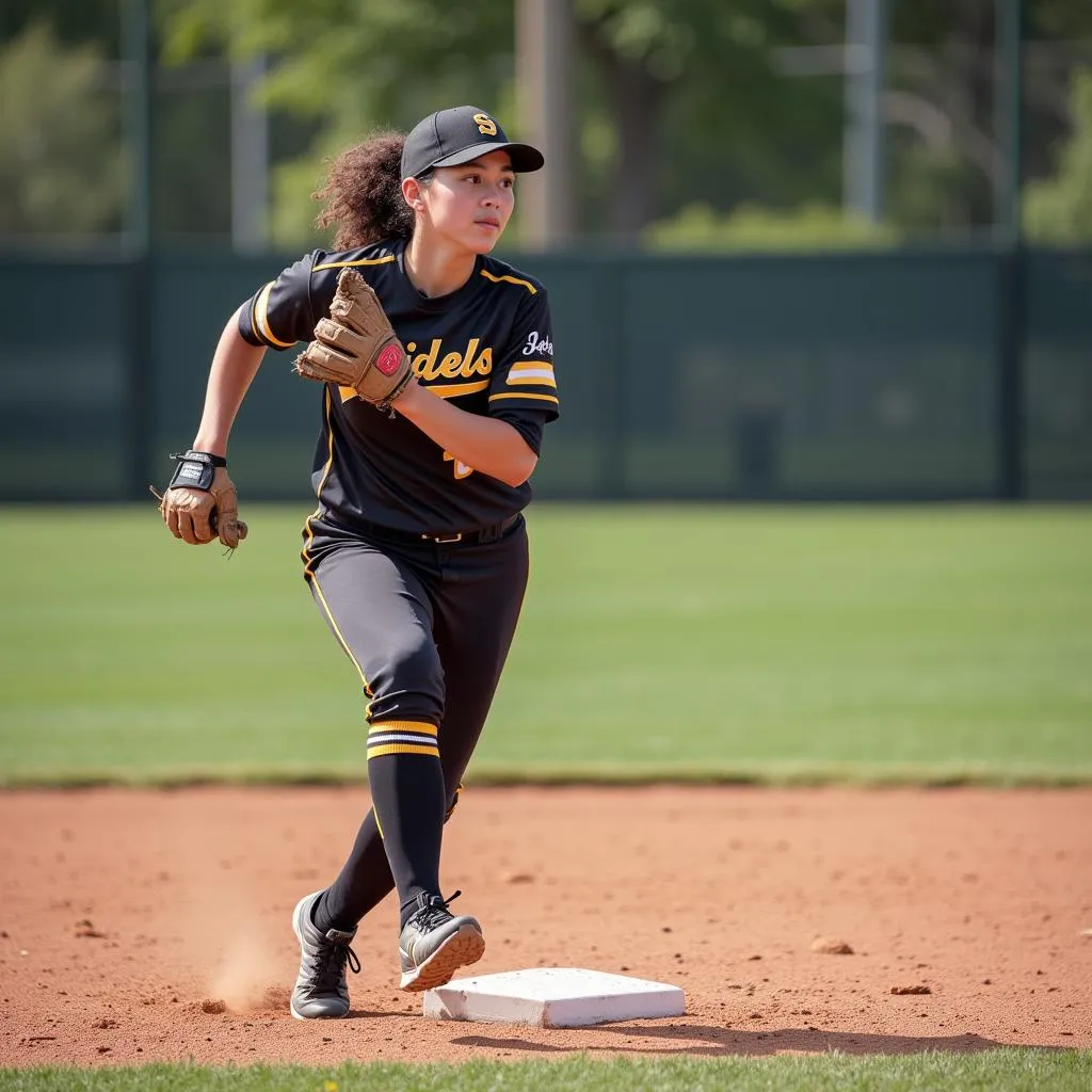 Softball player taking a lead off first base