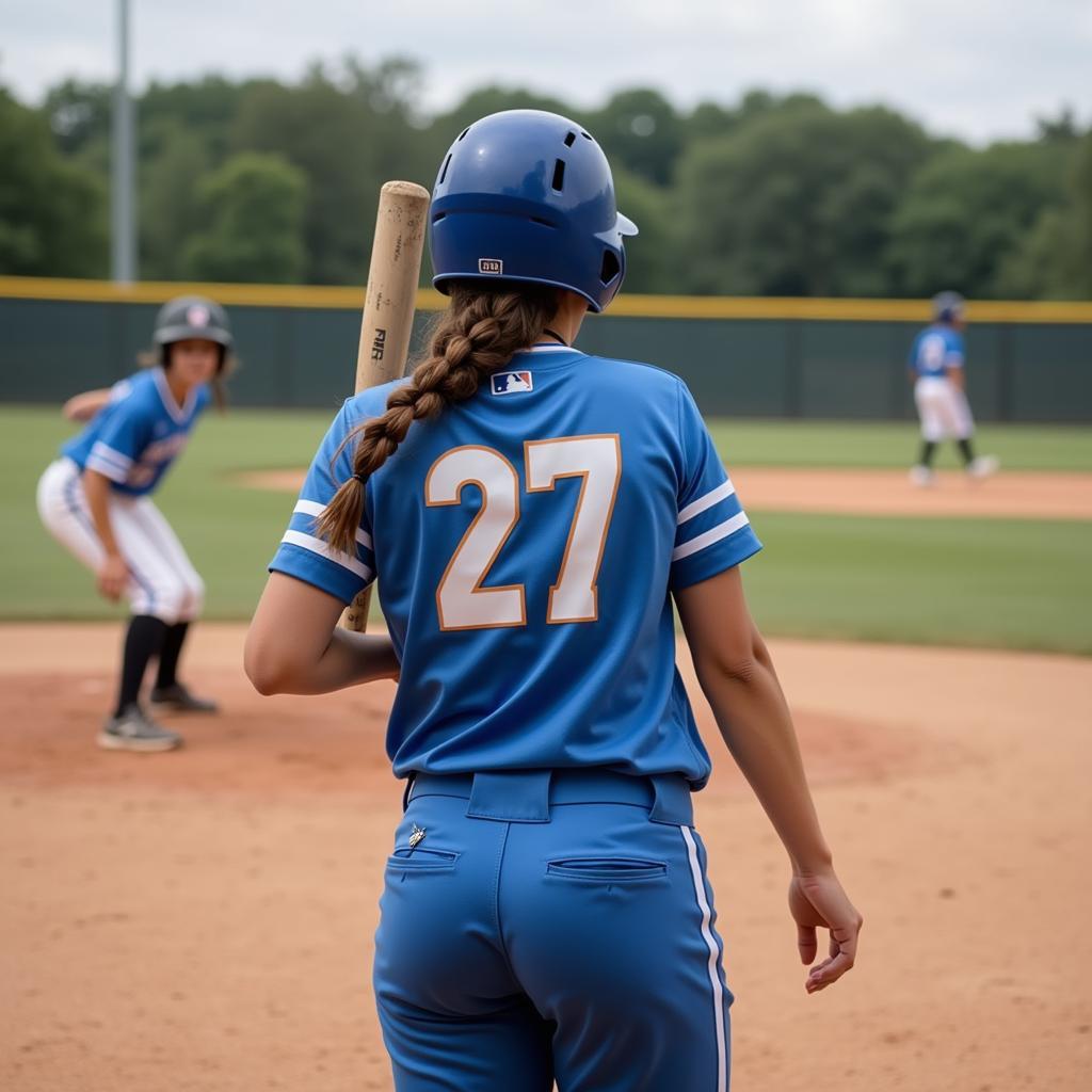 Softball player up to bat with a focused expression