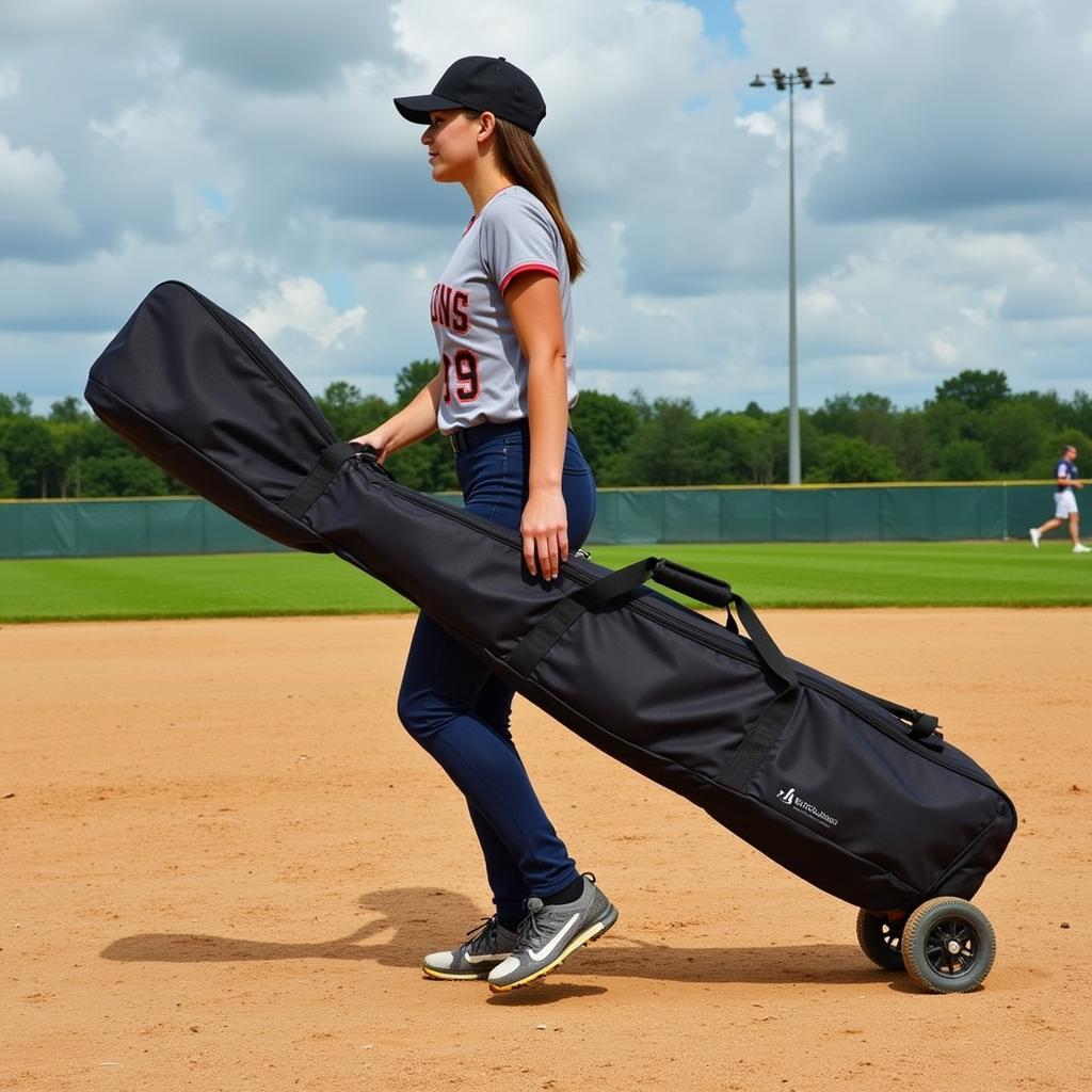 Softball player easily transports gear with a wheeled bat bag.