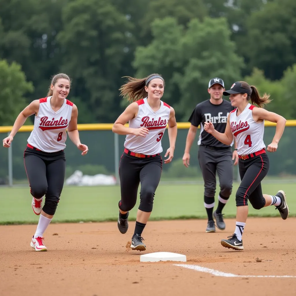 Softball players practicing baserunning drills