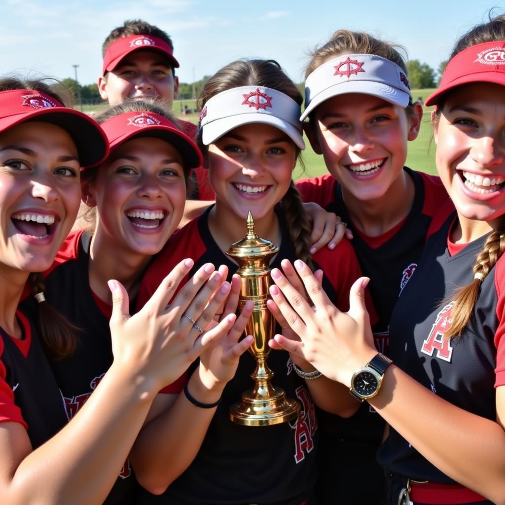 A softball team celebrates their victory with championship rings.