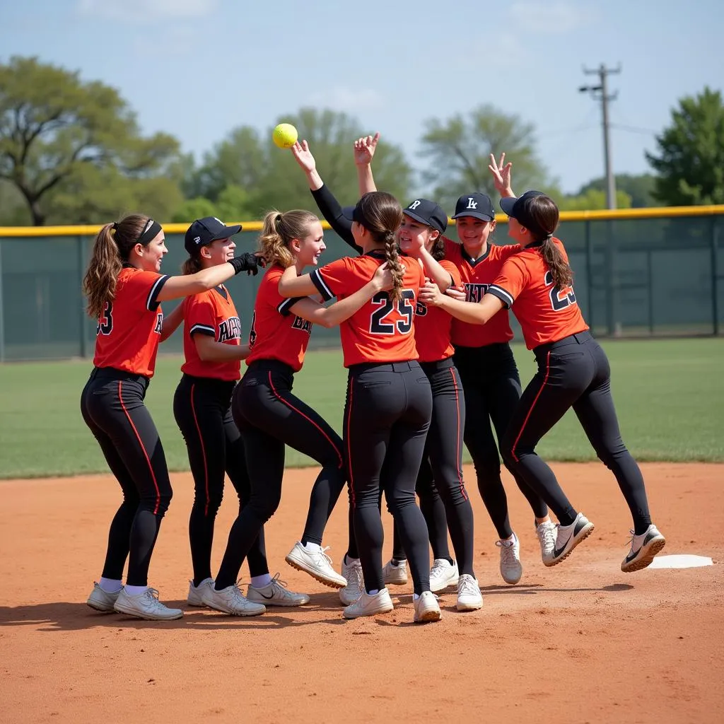 Softball team celebrating victory