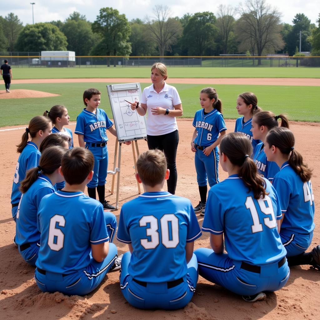 Softball team huddling during a timeout