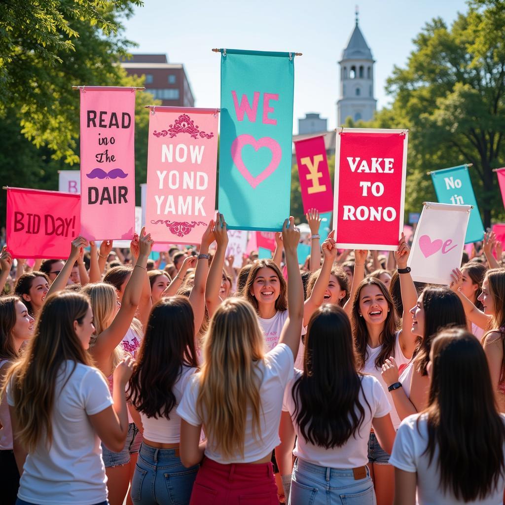 Sorority Members Holding Bid Day Banners