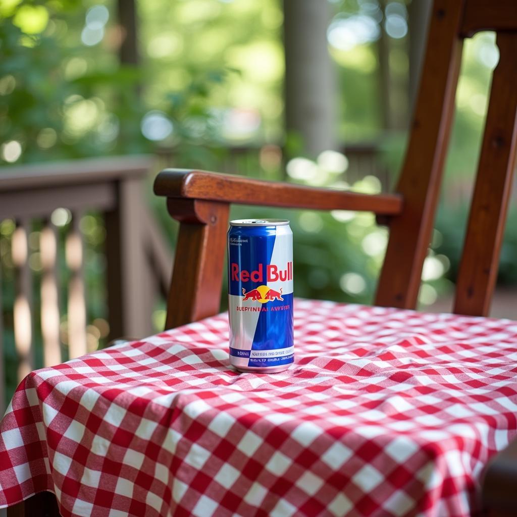 Red Bull can on a porch swing with a checkered tablecloth