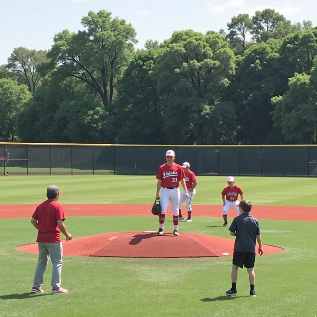 Baseball players in a simulated game situation during southwest ohio league tryouts