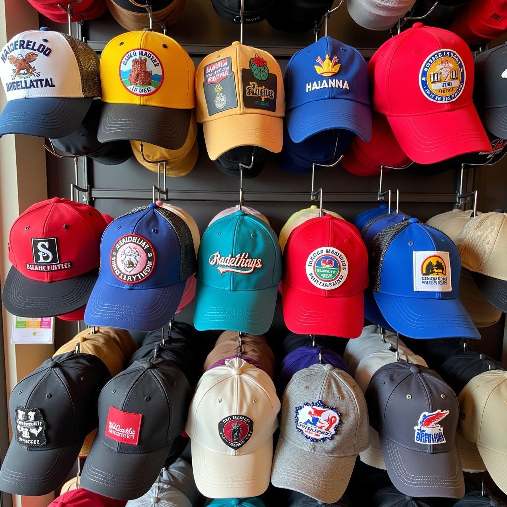 A vibrant collection of souvenir hats