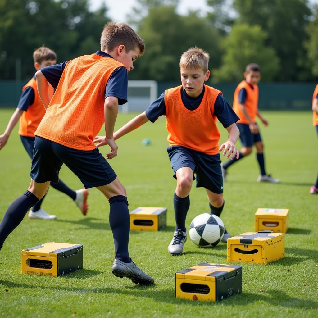 Football players using speed pack boxes for agility drills