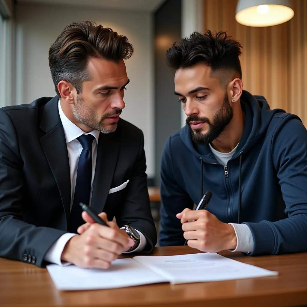 Sports agent discussing contract terms with a football player