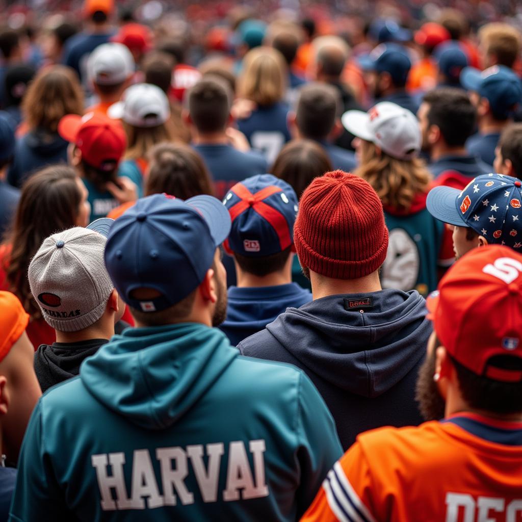 Fans sporting various sports hats