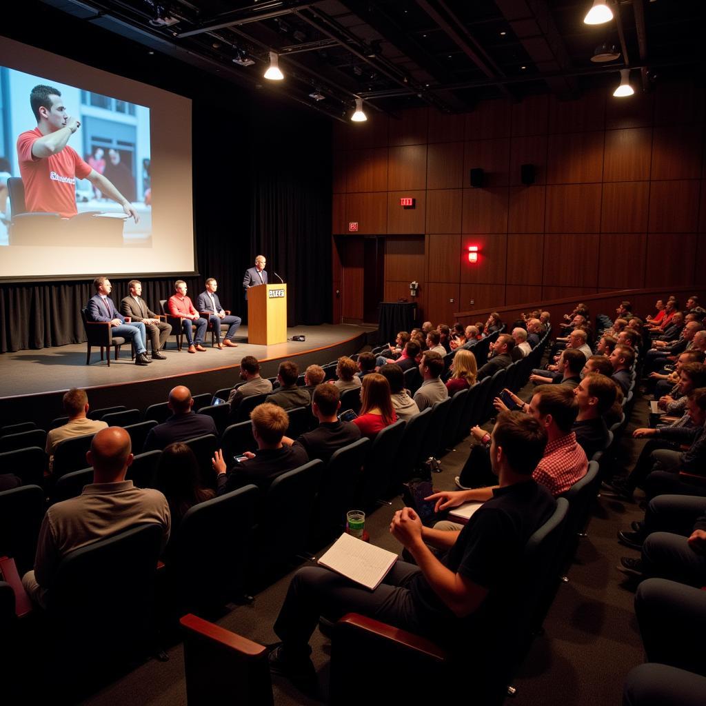 Attendees listening attentively to a panel discussion featuring renowned athletes and industry experts