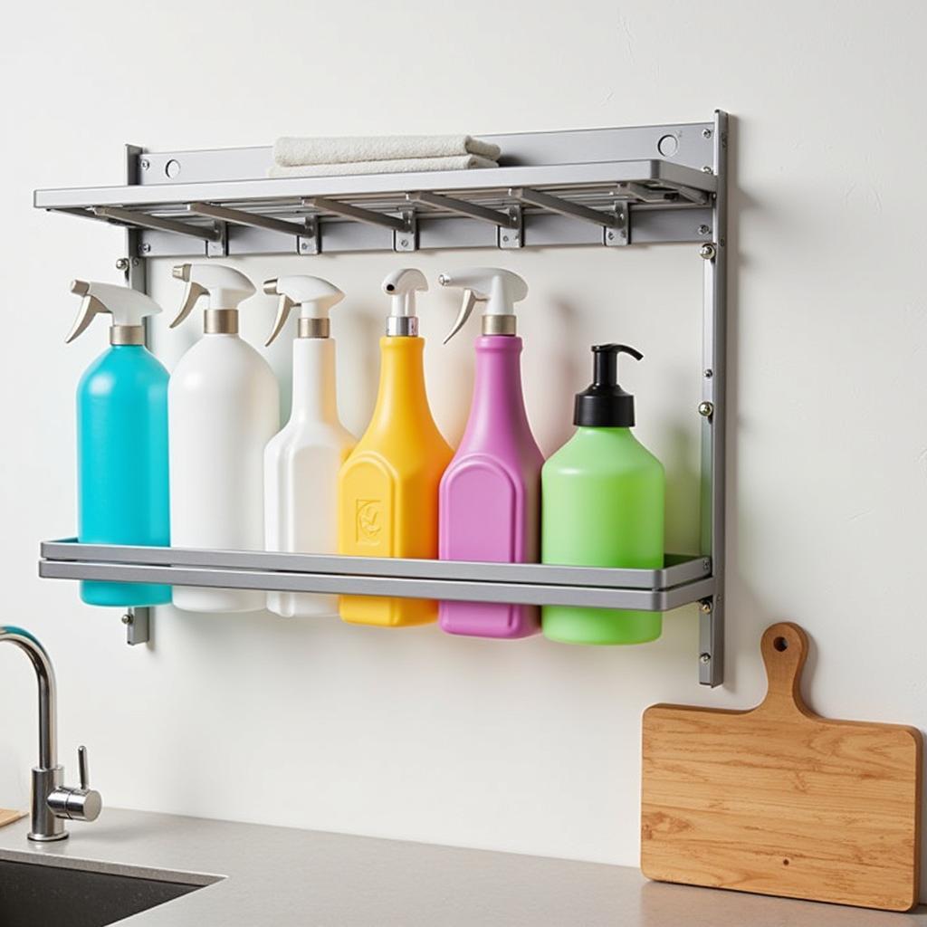 Organized cleaning supplies on a wall-mounted rack