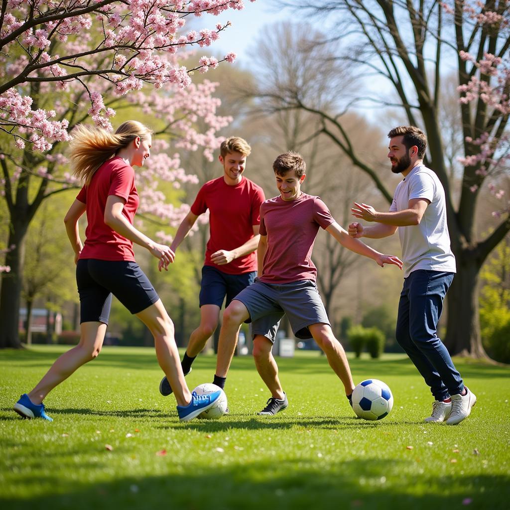 Playing a friendly football match with friends in spring