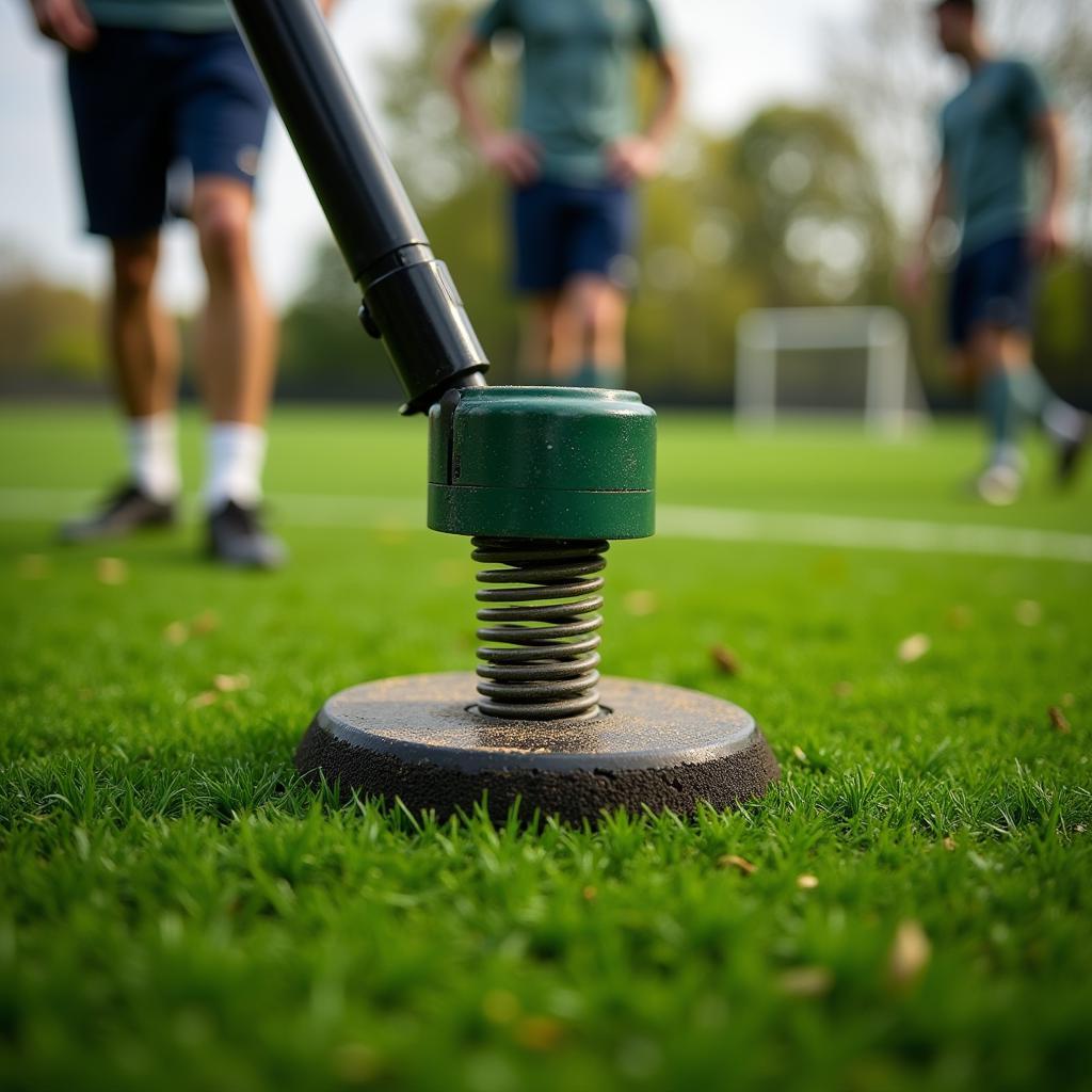 Spring tamper being used on a football pitch