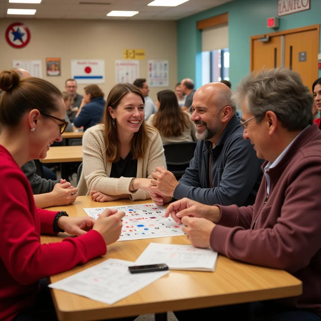 Diverse group of bingo players enjoying a game at a St. Louis bingo hall.