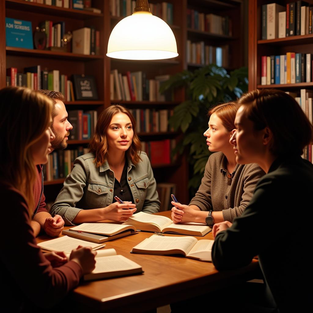 Book club members engaged in a lively discussion at a local bookstore in St. Louis