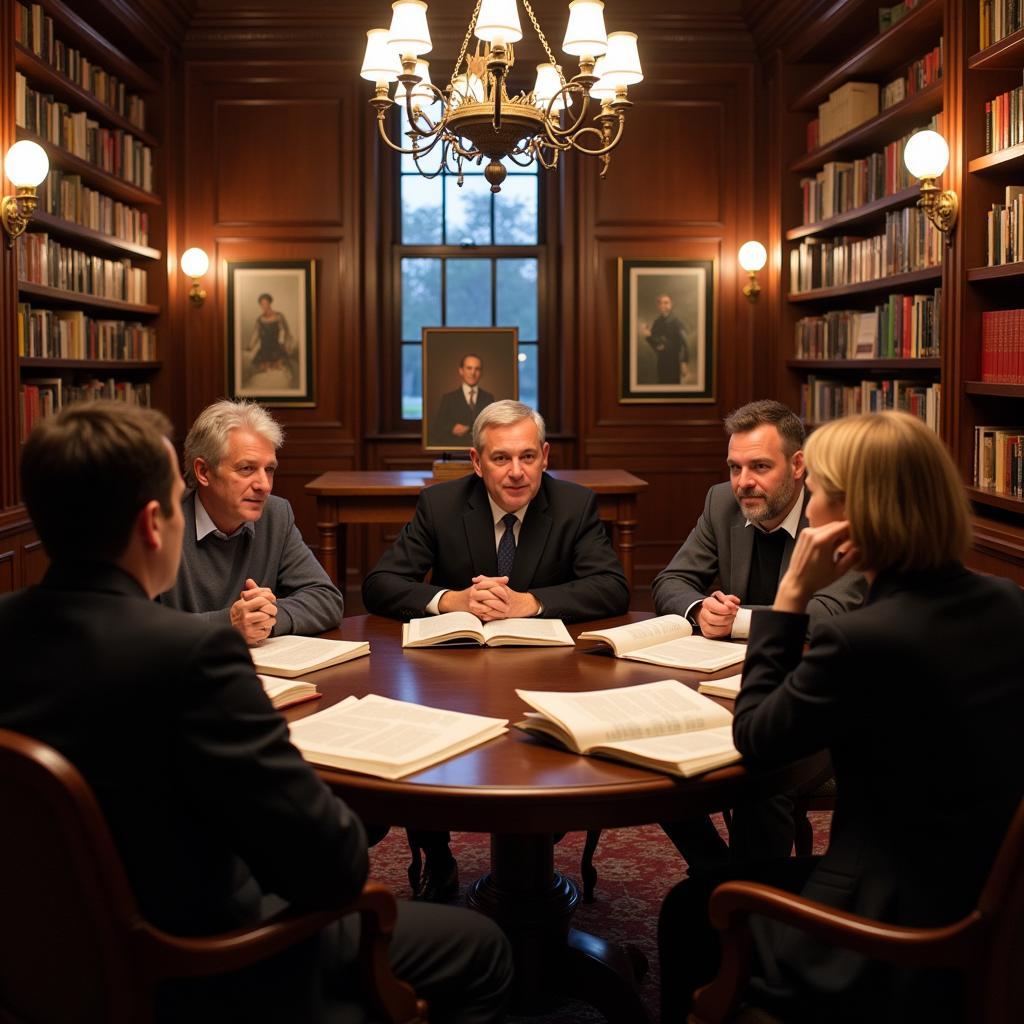 A book club meeting in progress at a St. Louis library, with members actively participating in a discussion.