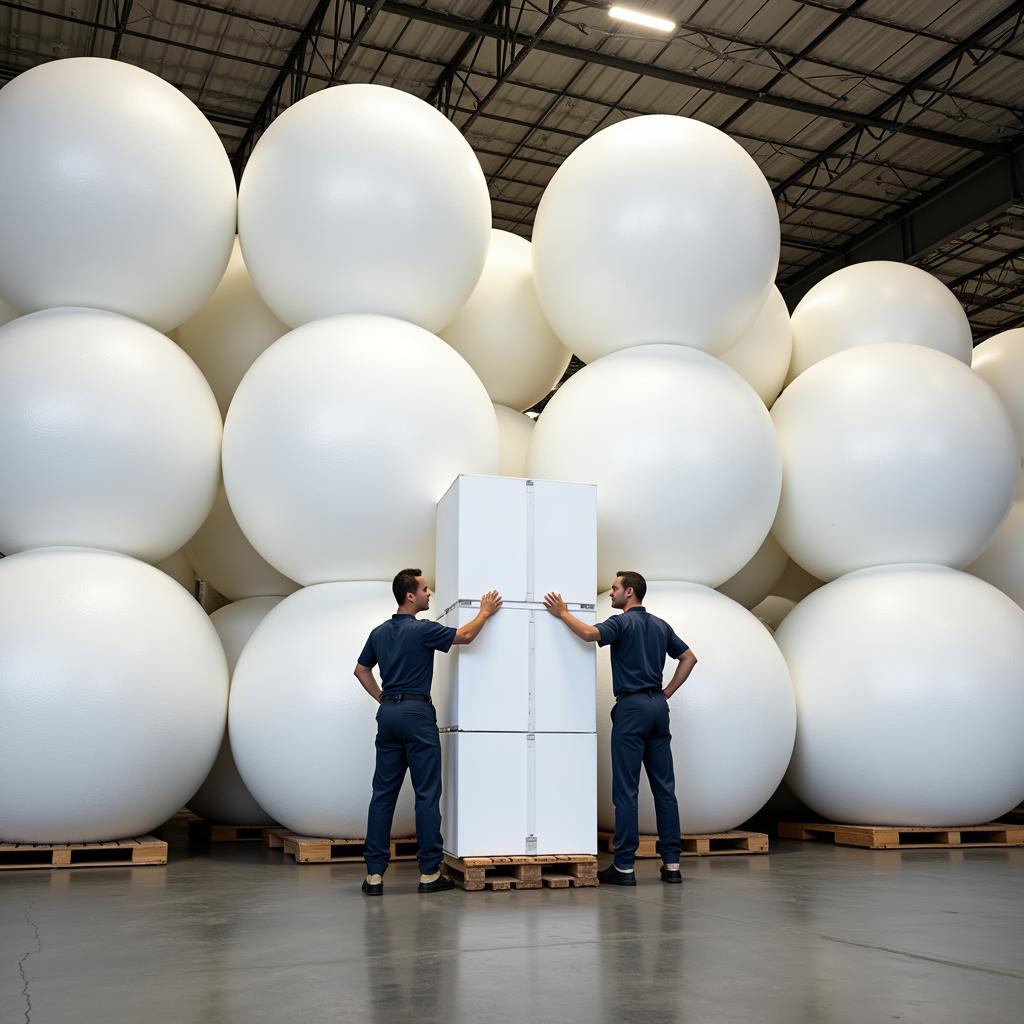 Warehouse workers standing next to stacks of large styrofoam balls.