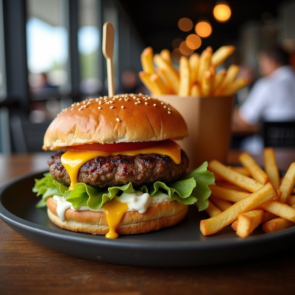 Gourmet burger and fries served on a sleek tray at The Stadium Club