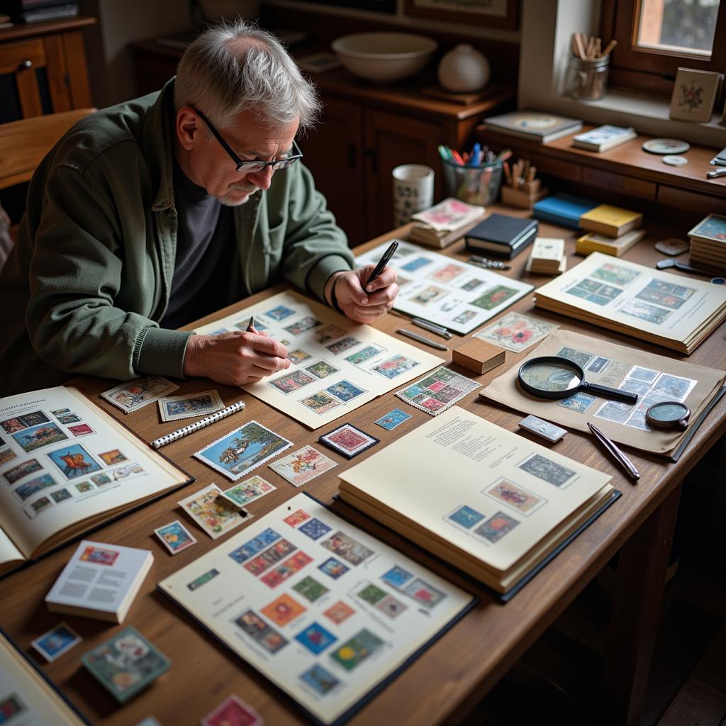 Stamp collector organizing their collection