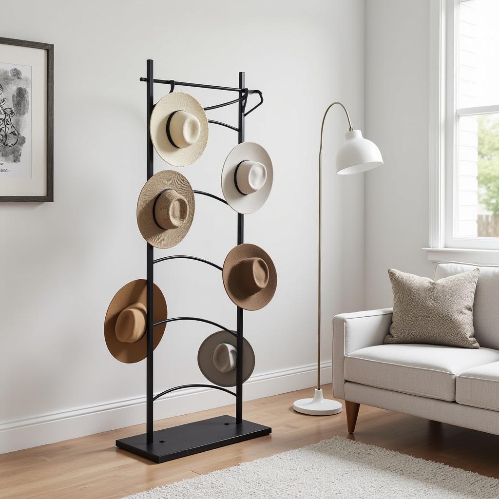 A modern living room with a sleek standing hat rack tower