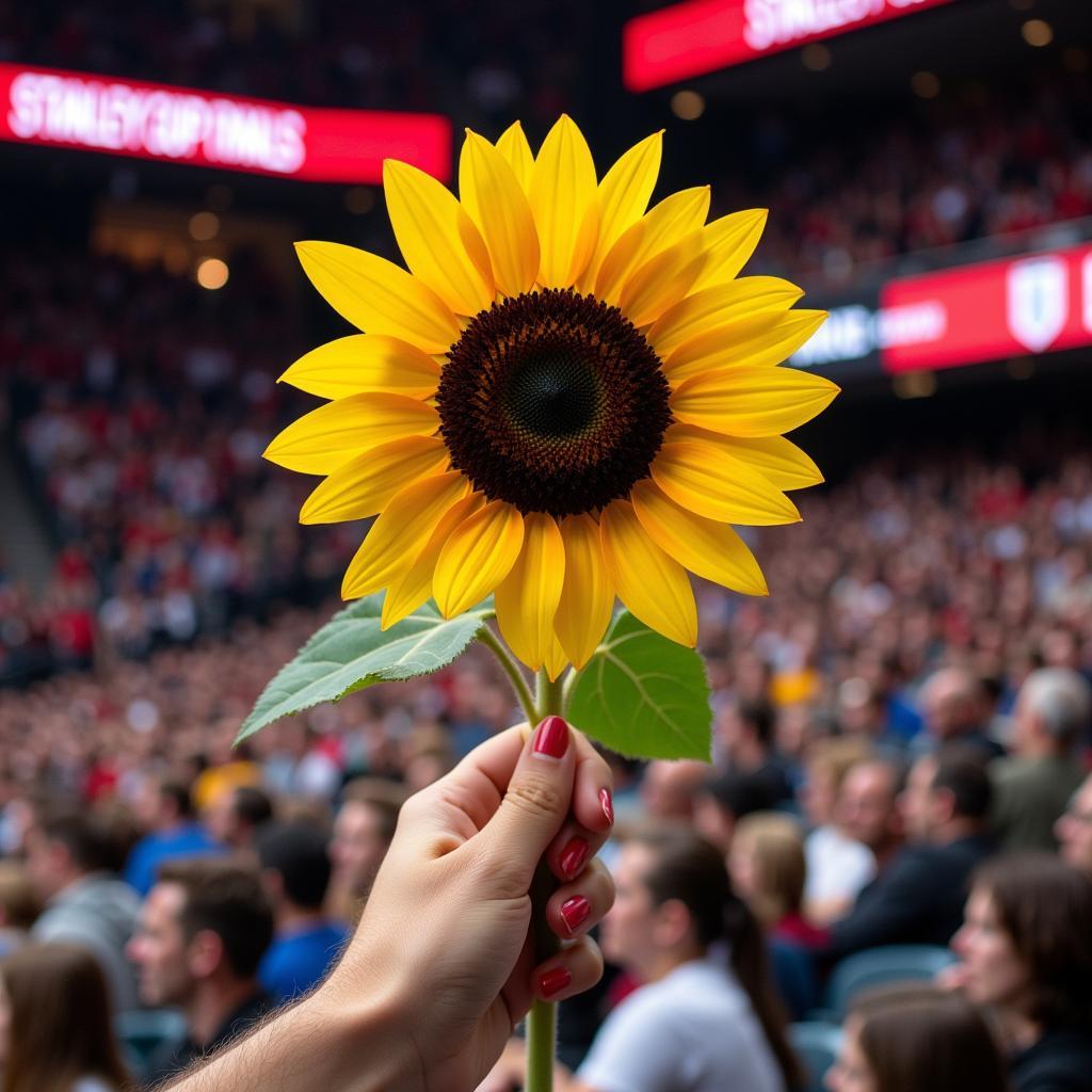 A fan holding a sunflower during the Stanley Cup Finals