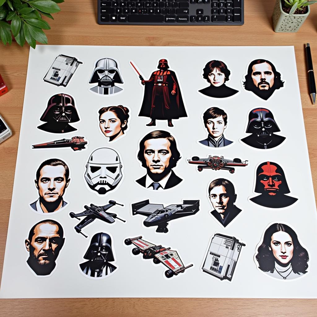 A collection of Star Wars decals showcasing different characters, vehicles, and symbols