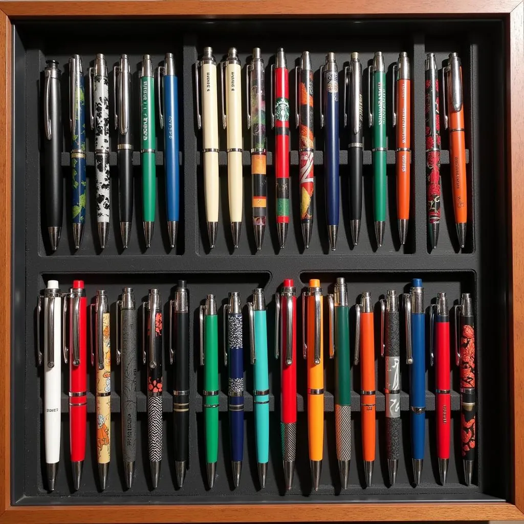 A collection of Starbucks pens neatly arranged in a display case