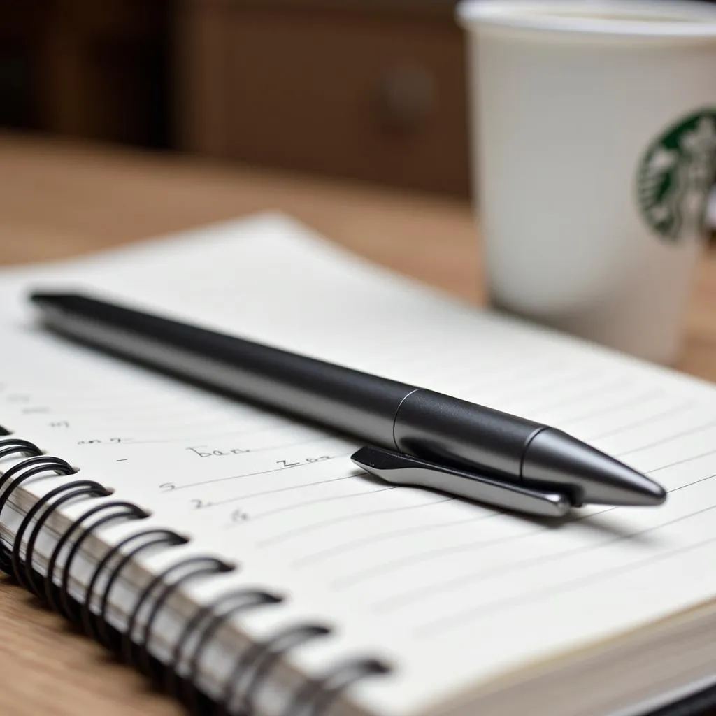 Starbucks pen resting on a notebook