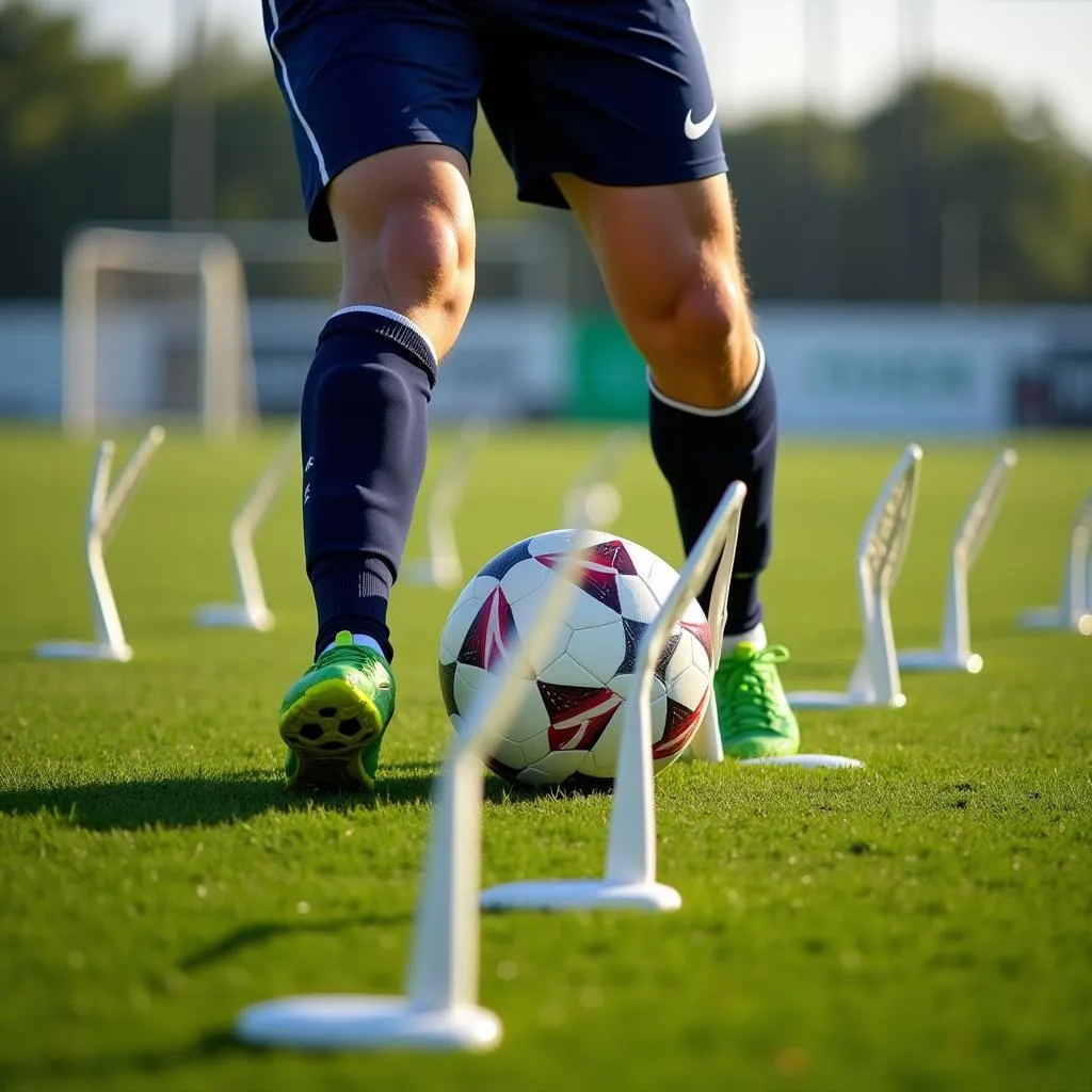 Footballer training with stick fans