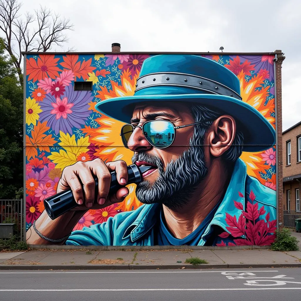 A vibrant street art mural incorporating the iconic knife man motif