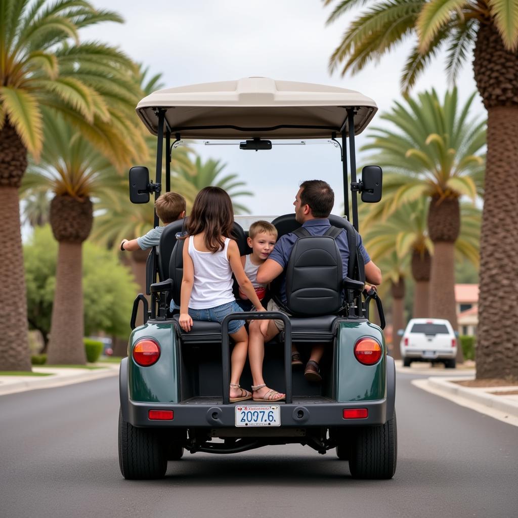 A family enjoying a ride in their street legal golf cart in Scottsdale