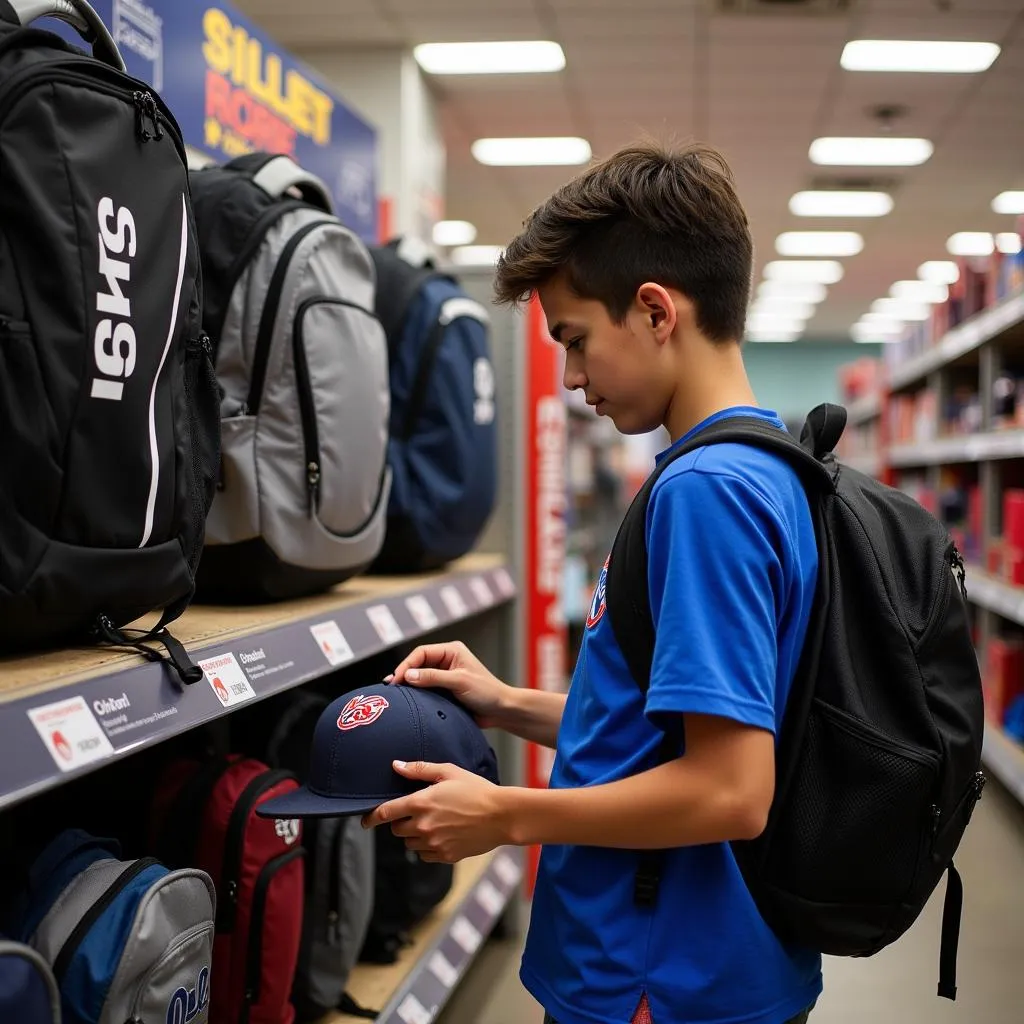 High school student carefully selecting a baseball backpack