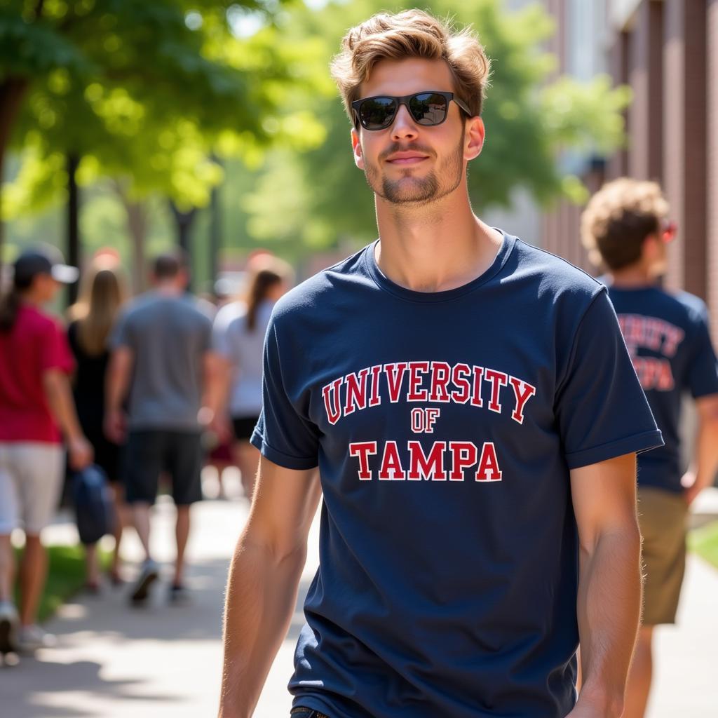 Student Sporting a University of Tampa T-Shirt on Campus