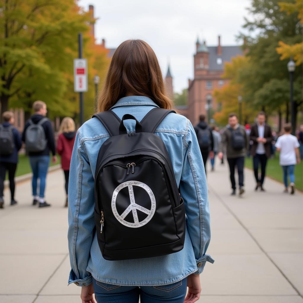 A Student Sporting a Peace Sign Backpack on Campus