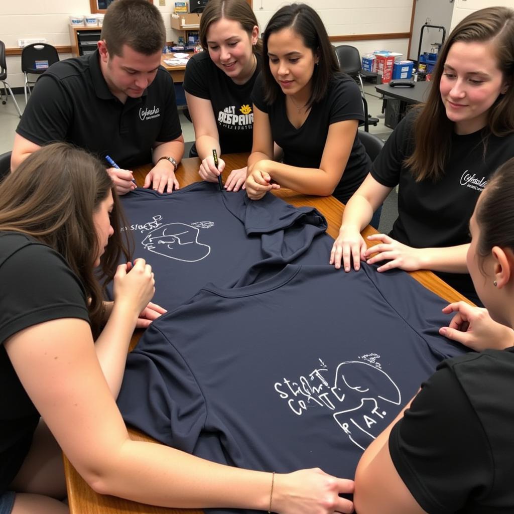 Students signing and celebrating in their graduation shirts